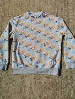 Aldi Gear Sweatshirt Unisex Medium Gray All Over Logo Print Multicolor Crewneck